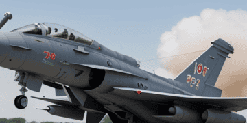 A fighter jet, manufactured by BAE Systems, is taking off from the runway.