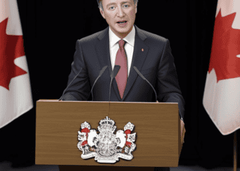 The Canadian Prime Minister, standing at a podium adorned with Canadian flags, addresses the audience on global challenges and foreign policy.