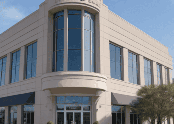 A rendering of a large office building showcasing First Republic Bank amidst stock decline and receivership concerns.