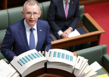 A man in a suit standing in front of a stack of books celebrating Australia's First Annual Budget Surplus after 15 years.