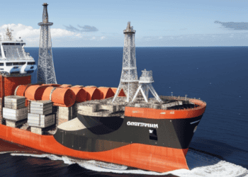 An artist's rendering of the Saipem Castorone Pipelay Vessel in the ocean offshore Australia.