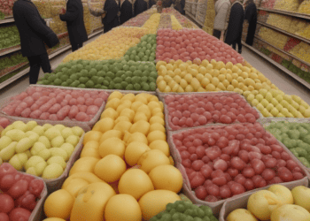 A large selection of fruits and vegetables in a grocery store in Turkey.