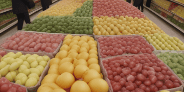 A large selection of fruits and vegetables in a grocery store in Turkey.