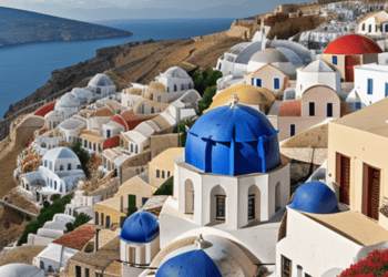 A white building with blue domes, located in Greece.