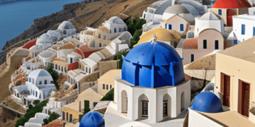 A white building with blue domes, located in Greece.