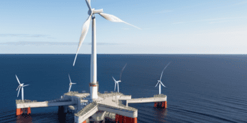 Offshore wind farm with multiple turbines on a platform. BP and Equinor US offshore wind project. - Supply Chain News
