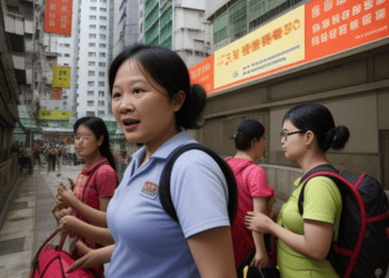 A group of Asian women, including migrant domestic workers, walking down a street in Hong Kong, facing various challenges and advocating for their rights.
