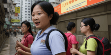 A group of Asian women, including migrant domestic workers, walking down a street in Hong Kong, facing various challenges and advocating for their rights.