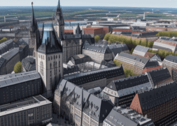 An aerial view of a city with many buildings, showcasing Germany's thriving economy.