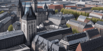 An aerial view of a city with many buildings, showcasing Germany's thriving economy.