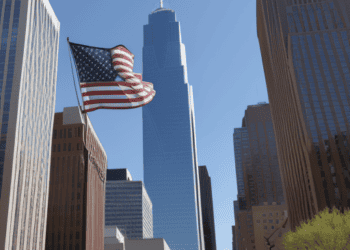 American flag waving against backdrop of skyscrapers, symbolizing strong US economy. - Supply Chain News