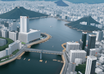 Analyzing an aerial view of a city with mountains in the background in Japan.