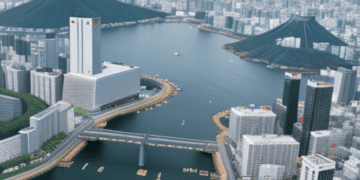 Analyzing an aerial view of a city with mountains in the background in Japan.
