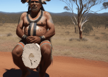 An Indigenous Australian man sitting on a dirt road with a drum, highlighting human rights concerns.