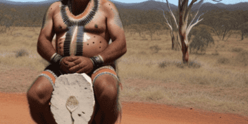 An Indigenous Australian man sitting on a dirt road with a drum, highlighting human rights concerns.