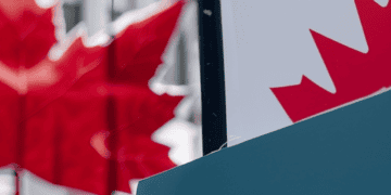 A sign with a Canadian flag in front of it, representing the patriotism and national pride of Canada.