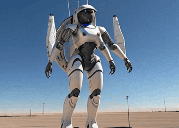 An advanced 3D model of the Valkyrie robot standing in the desert, created for testing purposes during NASA's Advanced Testing Phase.