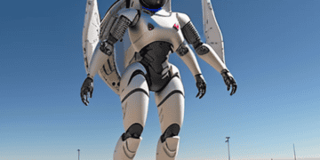 An advanced 3D model of the Valkyrie robot standing in the desert, created for testing purposes during NASA's Advanced Testing Phase.