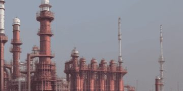 An Indian oil refinery in the middle of a field.