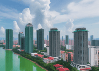 An aerial view of a city with a river in the background, showcasing its vibrant urban landscape.