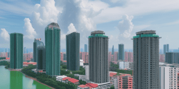 An aerial view of a city with a river in the background, showcasing its vibrant urban landscape.