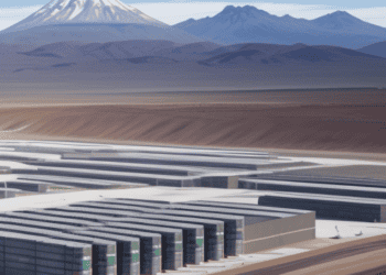An artist's rendering of a large storage facility with mountains in the background, reflecting the rising demand for storage space in connection with Chile's National Lithium Programme.