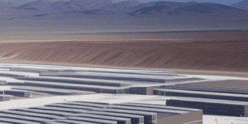 An artist's rendering of a large storage facility with mountains in the background, reflecting the rising demand for storage space in connection with Chile's National Lithium Programme.