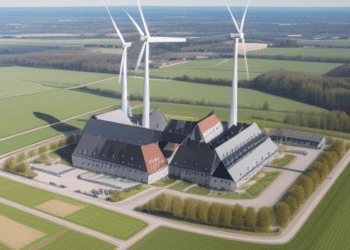 An aerial view of a wind farm with wind turbines harnessing clean power in Germany.