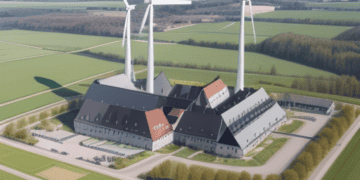 An aerial view of a wind farm with wind turbines harnessing clean power in Germany.