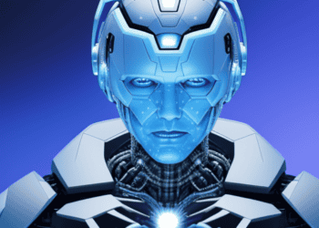 An AI-generated image of a futuristic man in a blue suit, representing the advancements made by IBM despite the hiring freeze.