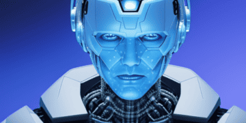 An AI-generated image of a futuristic man in a blue suit, representing the advancements made by IBM despite the hiring freeze.