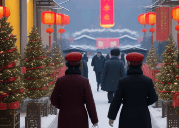 Two Chinese people walking down a snowy street in December.