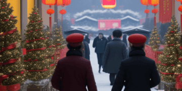 Two Chinese people walking down a snowy street in December.