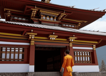 A Buddhist monk standing in front of a temple in Bhutan, during the National Happiness Reassessment.