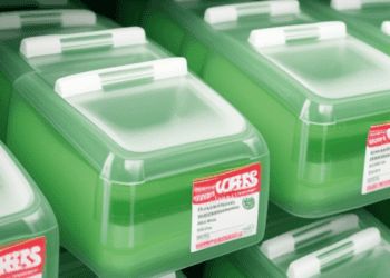 A row of green plastic food containers on a shelf.