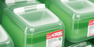 A row of green plastic food containers on a shelf.
