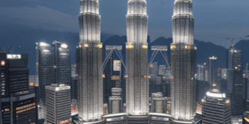 The petronas towers in Kuala Lumpur, Malaysia, represent the economic growth of the country.