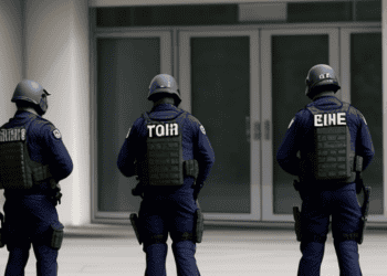 Three police officers standing in front of a building during national security raids.