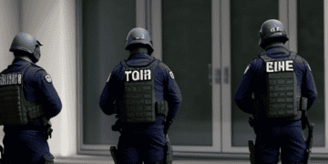 Three police officers standing in front of a building during national security raids.