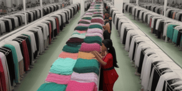 Women in a clothing store browsing through clothes on racks.