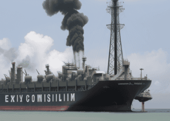 An ExxonMobil ship in the ocean near Indonesia.