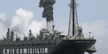 An ExxonMobil ship in the ocean near Indonesia.