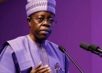 The President of Nigeria, wearing a purple shirt, is giving a speech on economic revitalization.