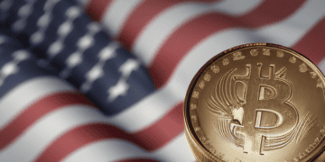 Bitcoin coin against a US flag, illustrating the impact of US inflation data on cryptocurrency markets. - Supply Chain News