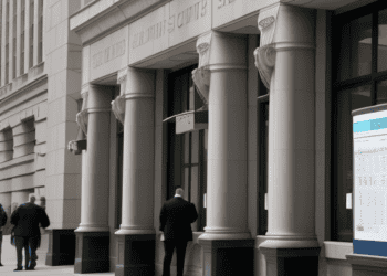 A group of people from US financial institutions standing outside of a building, discussing industry challenges and potential deposit shifts.