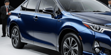 The 2020 Toyota Camry Hybrid, tested for any irregularities, is on display.