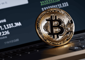 A bitcoin resting on a laptop screen, representing the vast trading volume in ETFs.