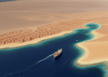 Cargo ship navigating a narrow Red Sea channel. Global shipping faces navigational challenges. - Supply Chain News