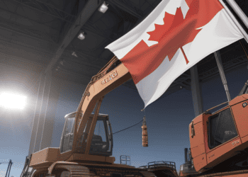 An excavator with a Canadian flag in a warehouse, representing economic growth and the Canadian GDP.
