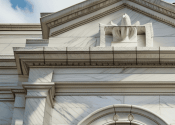 A white building with a flag on top, representing the US Federal Reserve.